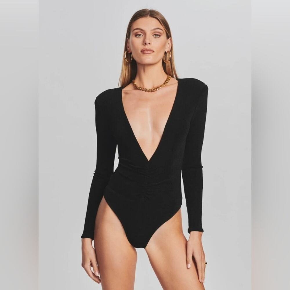 Retrofete Zelia Bodysuit Black Deep V Long Sleeve Thong Size Medium NWT